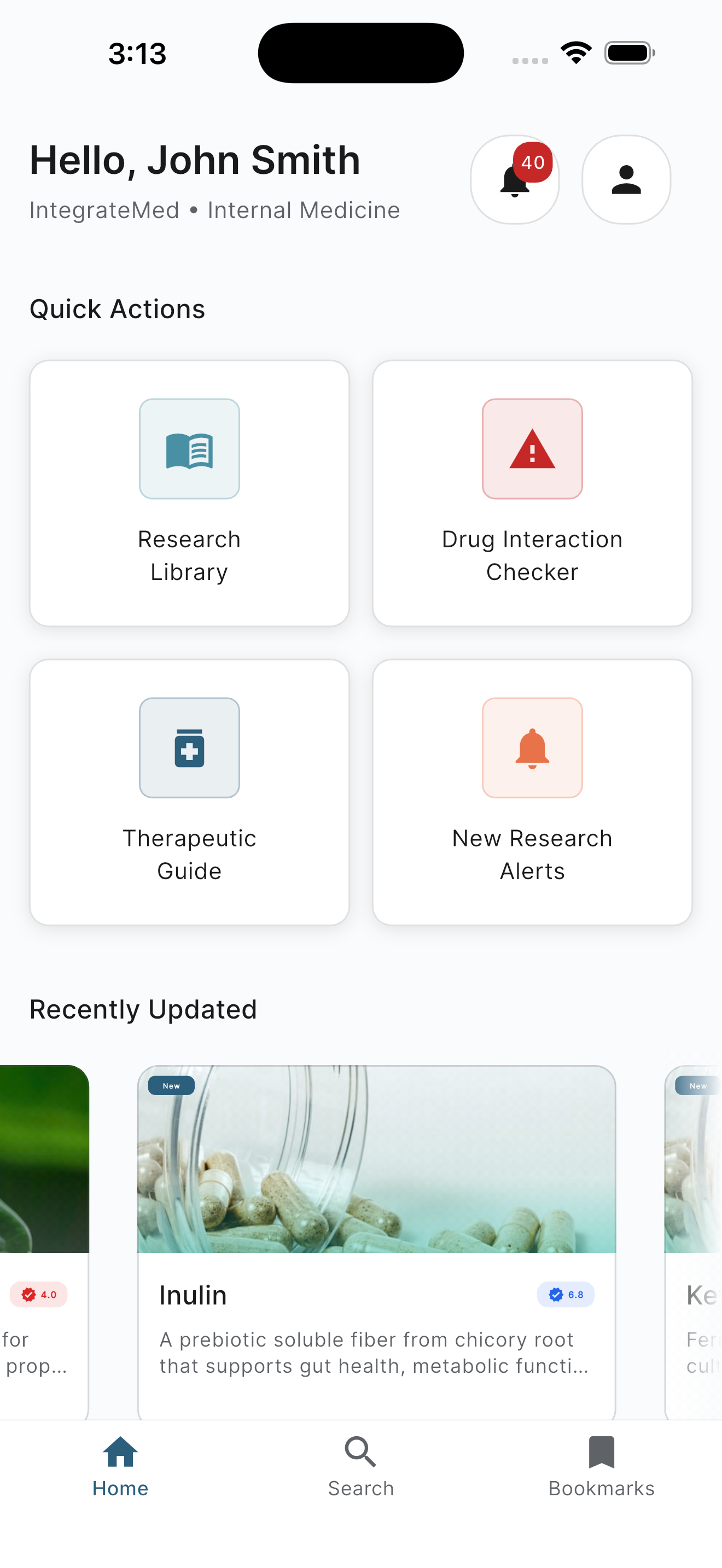 IntegrateMed app dashboard showing supplement profiles with evidence ratings
