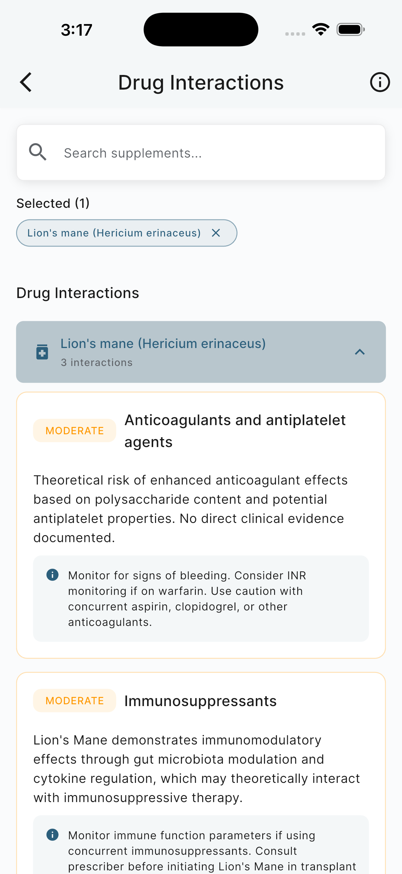 Drug interaction checker showing severity-rated interactions