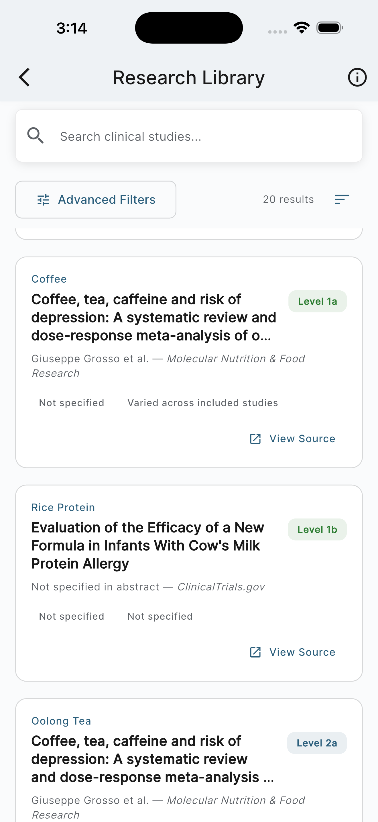 Research library with filtered clinical studies