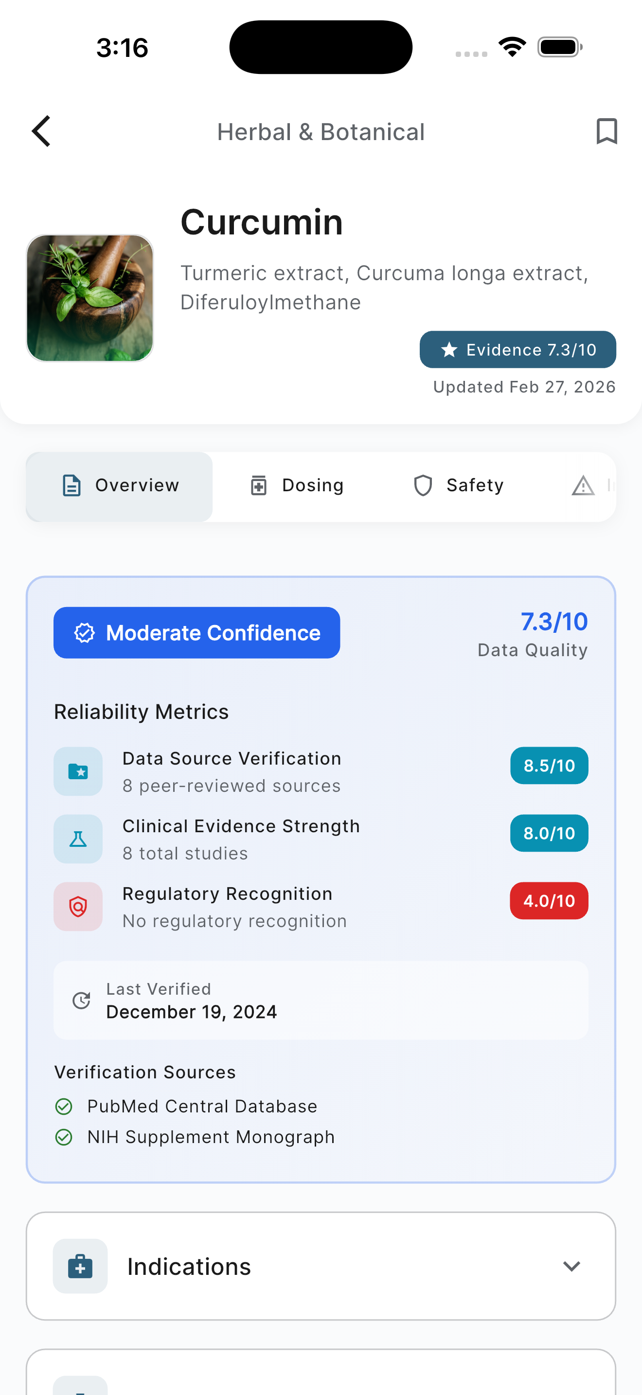Supplement detail screen with evidence rating and reliability metrics