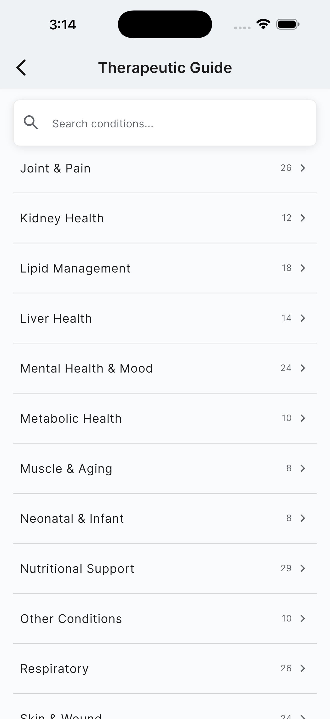 Therapeutic guide showing condition categories with indication counts